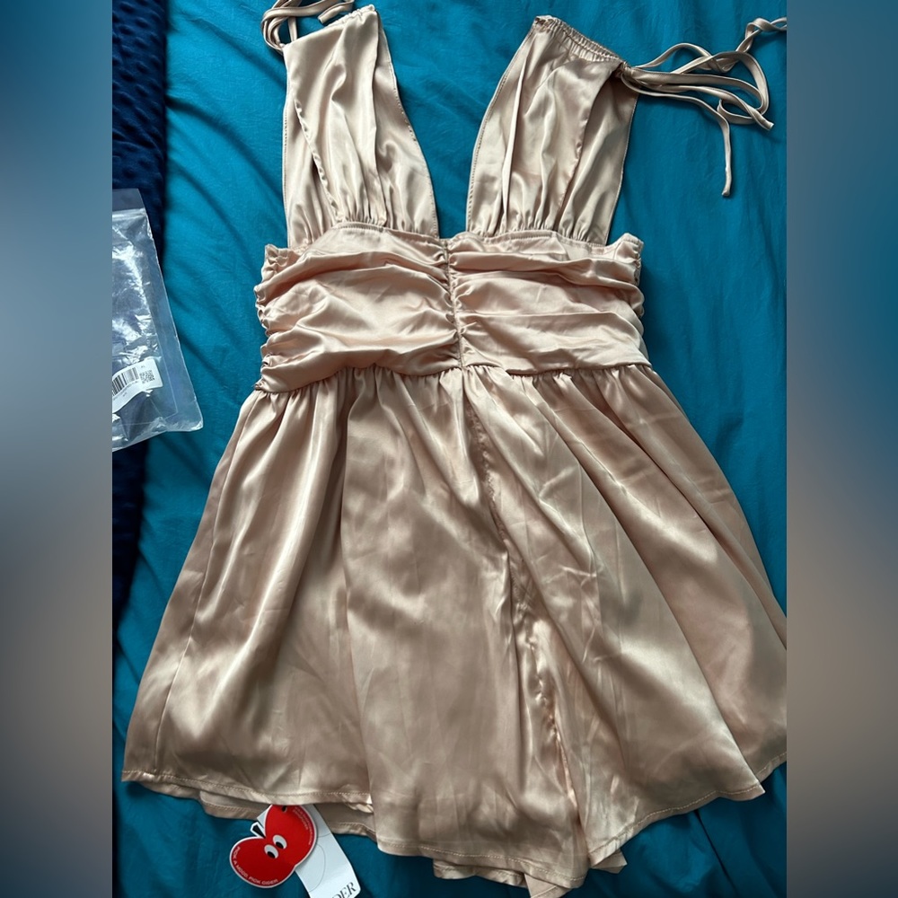 Solid Satin Ruched Mini Dress - Picture 2 of 8
